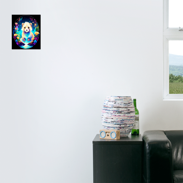 Cute Ferret with Floral Elements in Watercolor art by BirdsnStuff